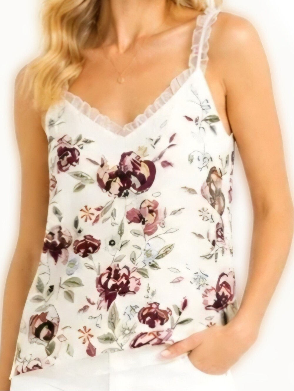 Embroidered Camisole Size M, Fully Lined, Adjustable Straps Small Ruffle Edge